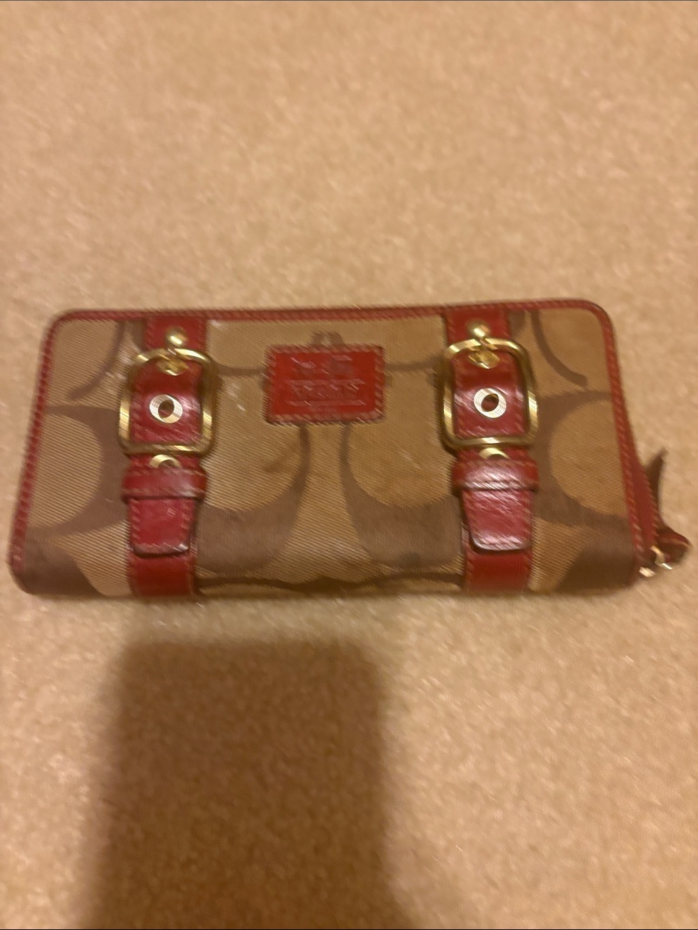 Coach Brown Signature Canvas Wallet with Red Leather Accents